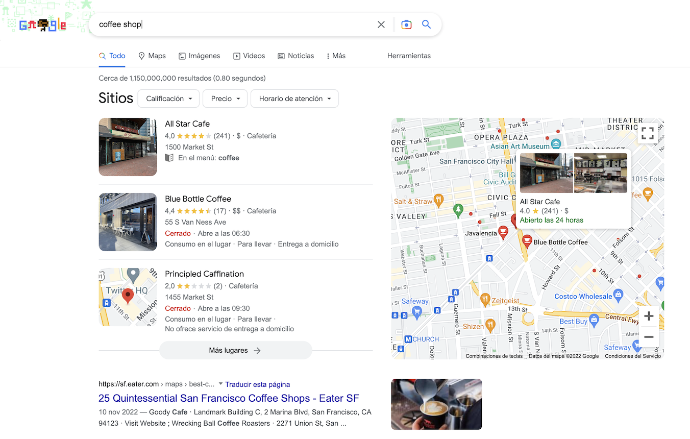 Google SERP coffee shop Spanish